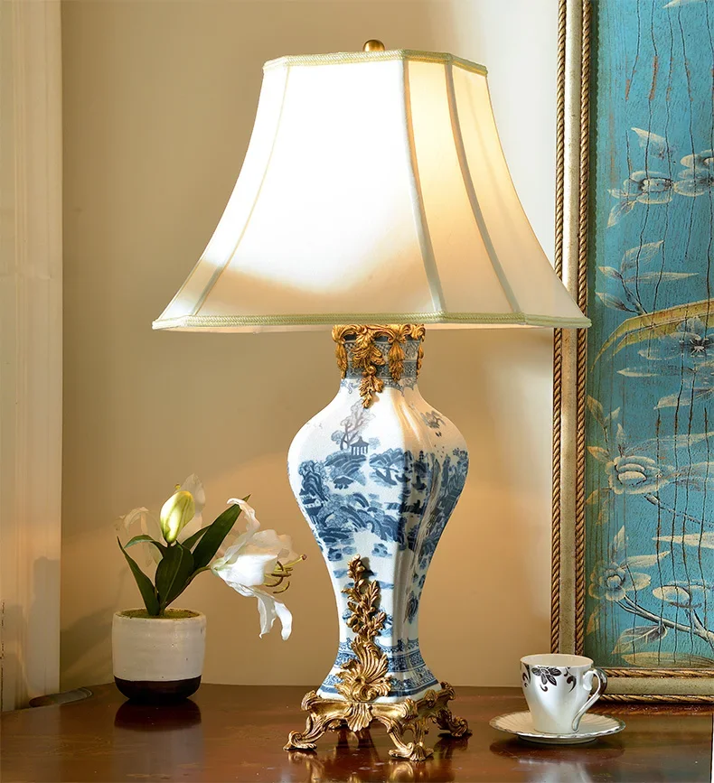 Blue and white ceramics with copper living room sofa handicraft desk lamp