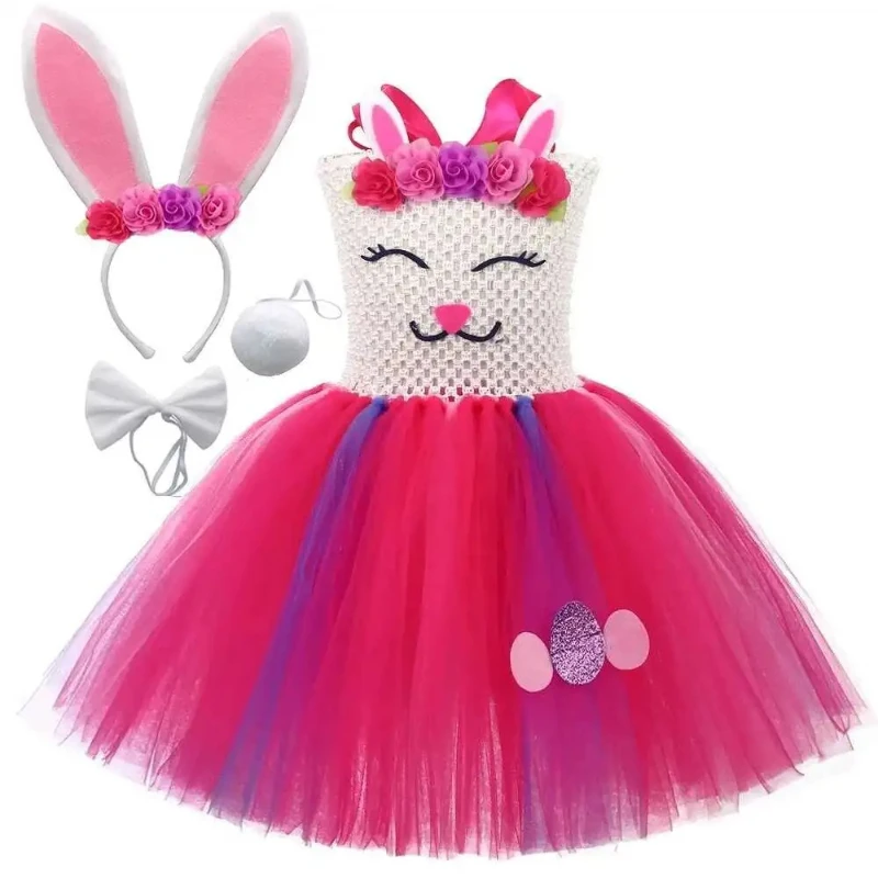 花-イースターバニーコスチューム-女の子用-動物ウサギ-プリンセスドレス-子供用-誕生日-バレエチュチュ衣装-耳付き-リボンテール付き