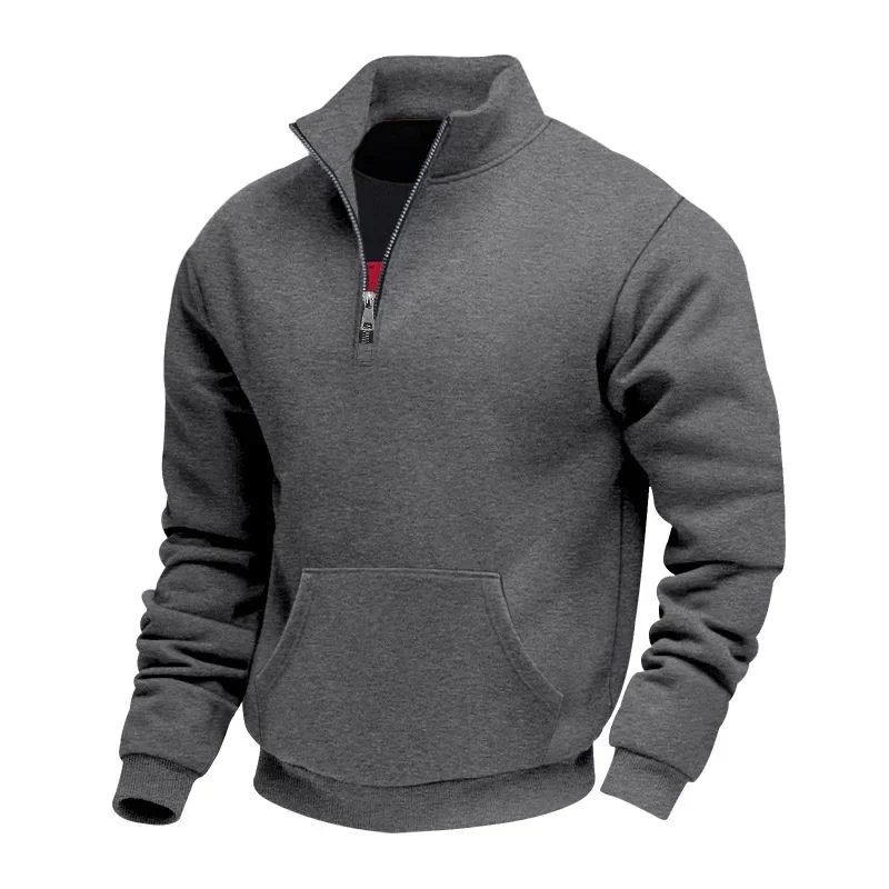 Cross-border Autumn and Winter Velvet Heavyweight Men's Loose Retro Casual Stand-up Collar Half Zipper Commuter Pocket Sweater