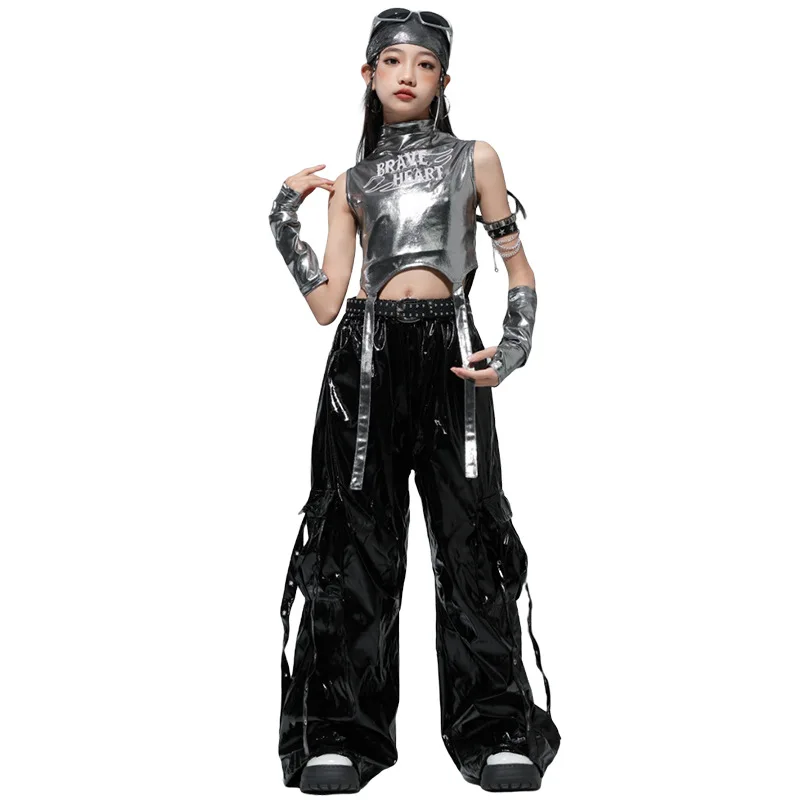 ชุดฮิปฮอปสำหรับเด็กผู้หญิง เสื้อครอปท็อปผูกโบว์สีเงินสไตล์เคป๊อป กางเกงหนังเต้นสตรีท ชุดสตรีทแวร์เด็ก ชุดแจ๊สสำหรับเด็ก ชุดกลุ่มเด็กผู้หญิง