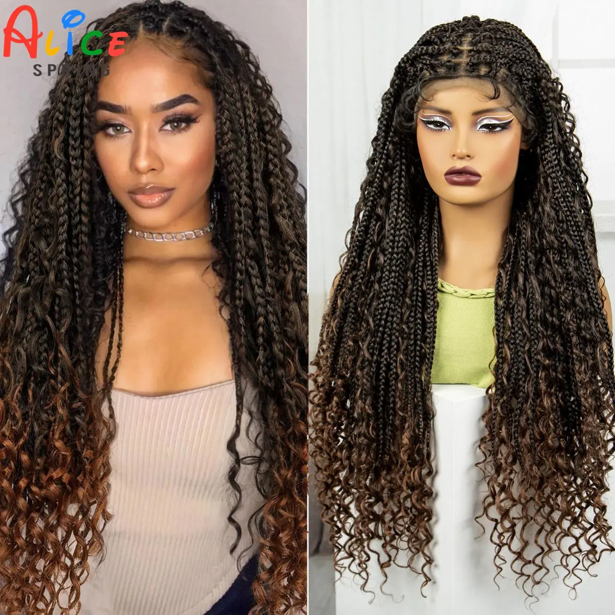 Ombre Boho Knotless Braided Wigs Synthetic Lace Front Box Braided Wig with Baby Hair for Black Women Curly Braiding Hair Wigs