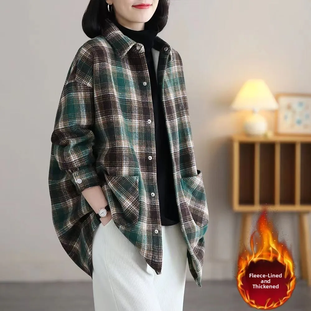 Retro Plaid Fce Lined irt Jaet Women's Loose Commute Versatile irt Top Trendy Korean Sle Long Sve  Collar