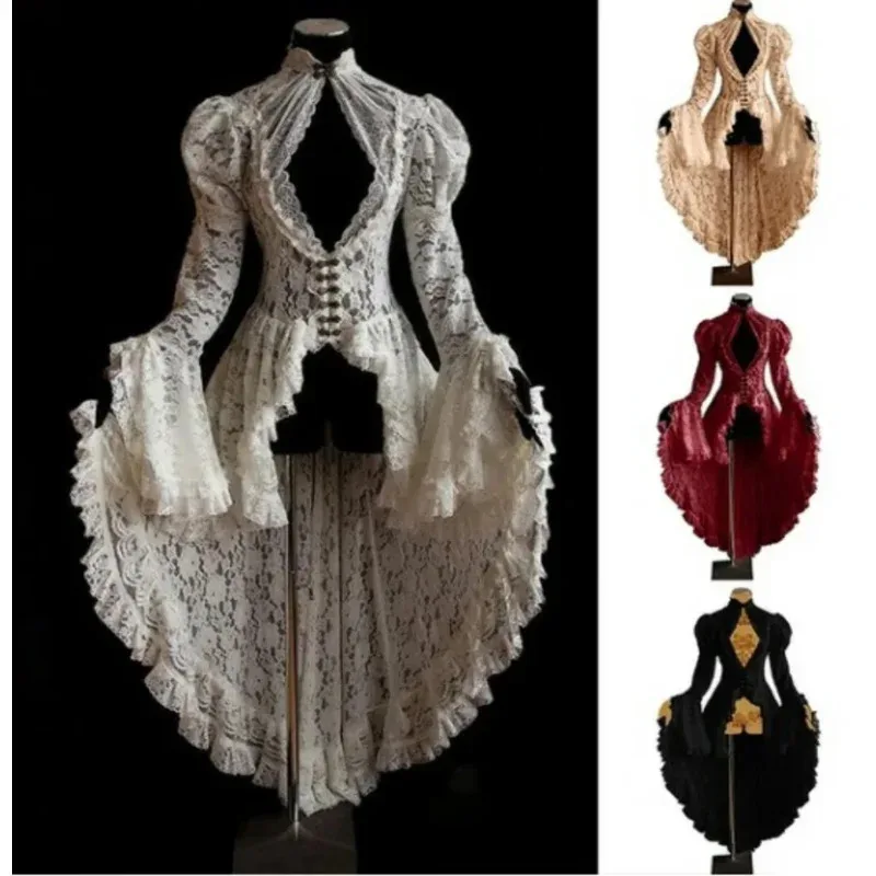 Хэллоуин Винтаж Средневековый Ренессанс Косплей Костюмы Платье Женское Готическое Кружевное Бандажное Черное Необычное Платье Макси Платье Vestid Jueg