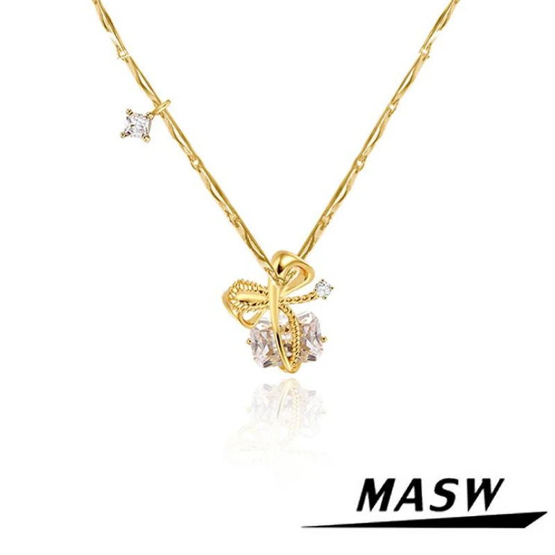 

MASW Original Design Delicate Style Metal Gold Color Bowknot Zircon Pendant Necklace For Women Girl Party Wedding Gift Jewelry