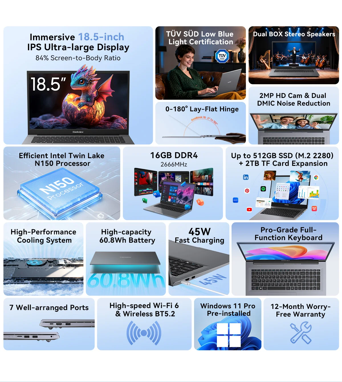 Blackview ACEBOOK 10 Laptop Computer 18.5" FHD 8000mAh Intel N150 Windows 11 16GB RAM 512GB BT5.2 WiFi 6 Desktop Notebook