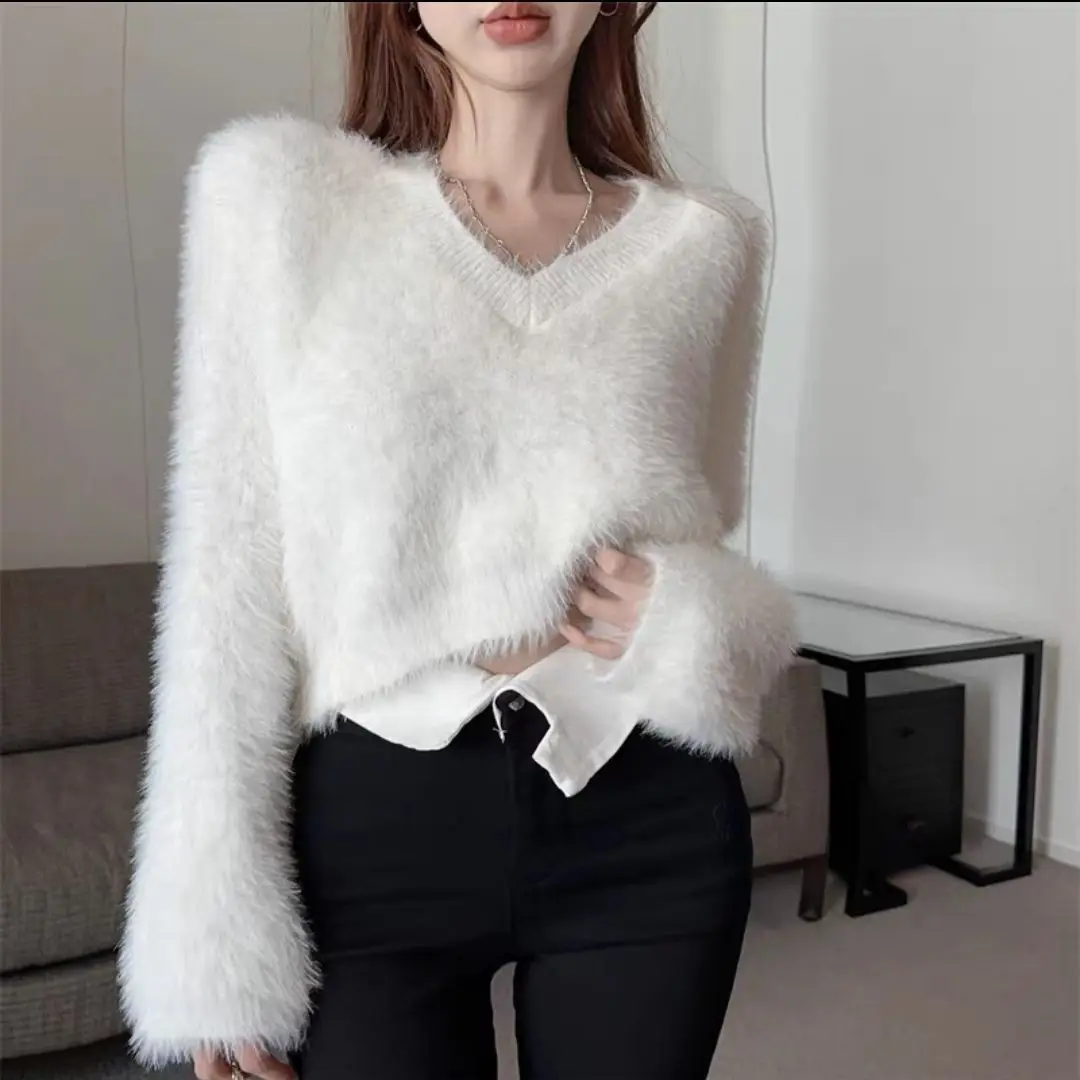 

Sweater Lazy Style V-neck Pullover Sweater Autumn Winter Short White Early Autumn Outfit