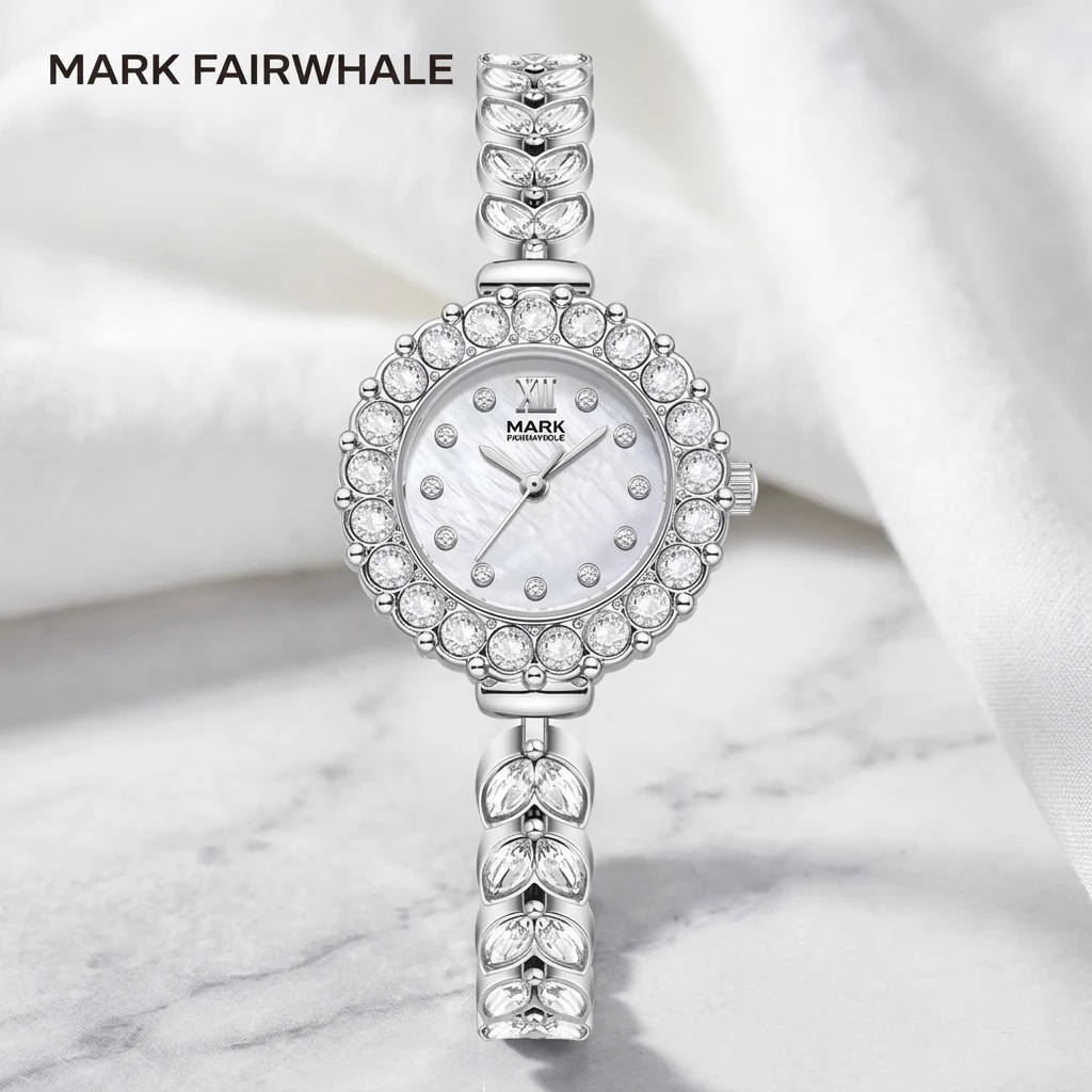 Luxury Female Quartz Watch Mark Fairwhale Round Mother of Pearl Dial Wreath Encrusted Crystal Bracelet Ladies Wristwatch