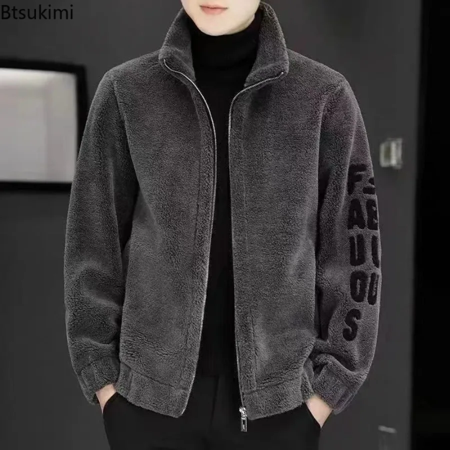 2026 Men's Autumn Winter Lamb Fleece Jackets Fashion Stand Collar Long Sleeve Thicked Warm Jacket Men Zipper Pocket Casual Coats