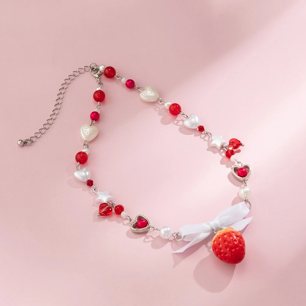 Salircon Korean Cute Red Strawberry Pendant Collar Necklace Gothic Y2K Heart Shaped Imitation Pearl Chain Choker Trend Jewelry