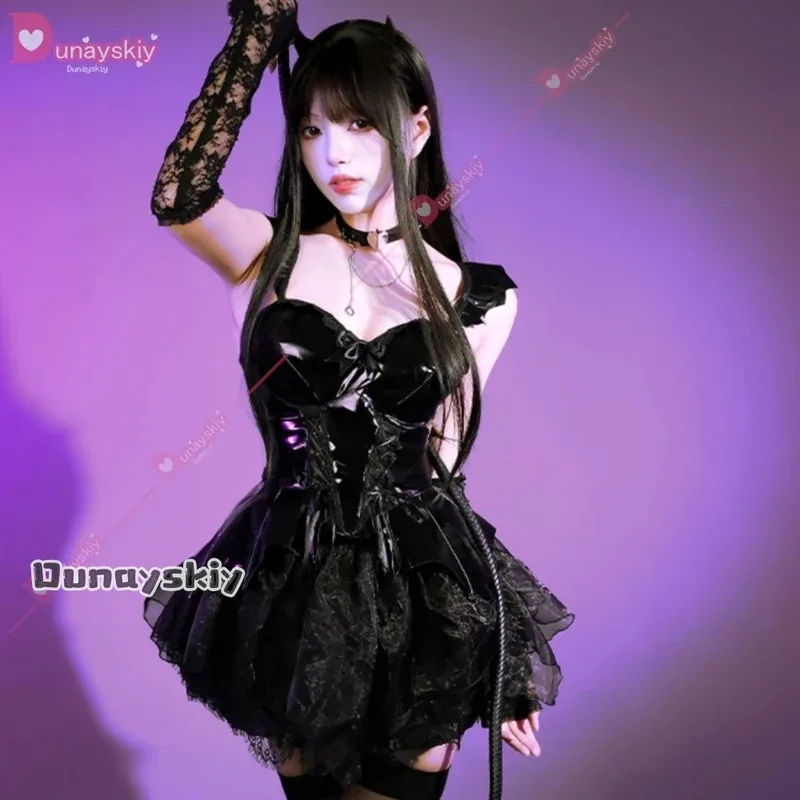 

25COSOriginal Japanese Sexy Little Devil Dress Festival Party Patent Leather Strap Black Top Skirt Suit 2025 Halloween Sexy Unif