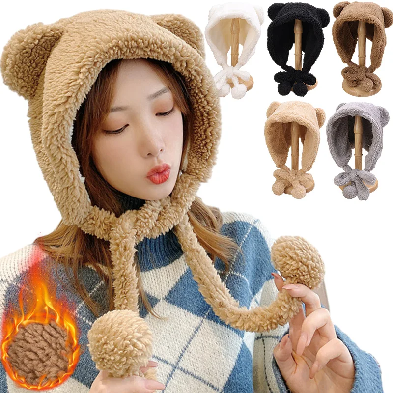 Women Fleece Bear Ears Beanies Hat Winter Cute Plush Thicken Lace-up Scarf Caps girl Outdooor Windproof Ear Protection Cap Gorro