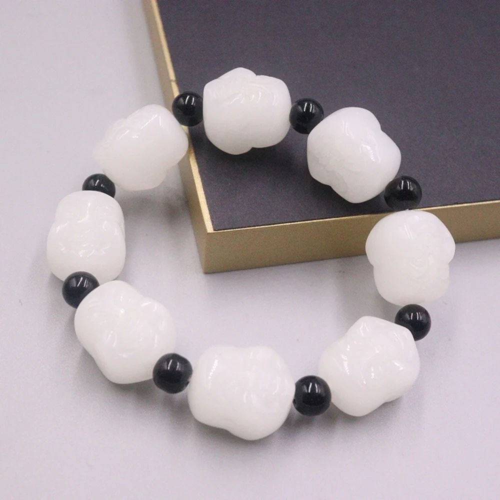 Natural White Jade Men Women Lucky Bless Carved Buddha Head Beaded Bracelet