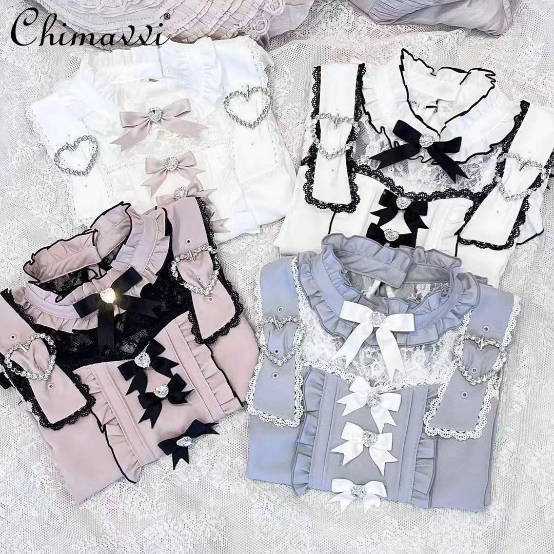 Japanese Style Mine Cute Bow Lotus Leaf Long Sleeve Shirt 2024 Autumn Clothes Sweet Girl Women's Lolita Blouse Y2k Tops