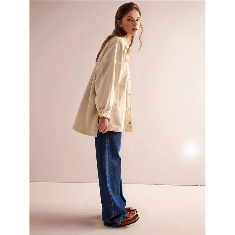ABRT – Jaqueta jeans urbana feminina, manga comprida, estilo namorado, jaqueta jeans com botão frontal