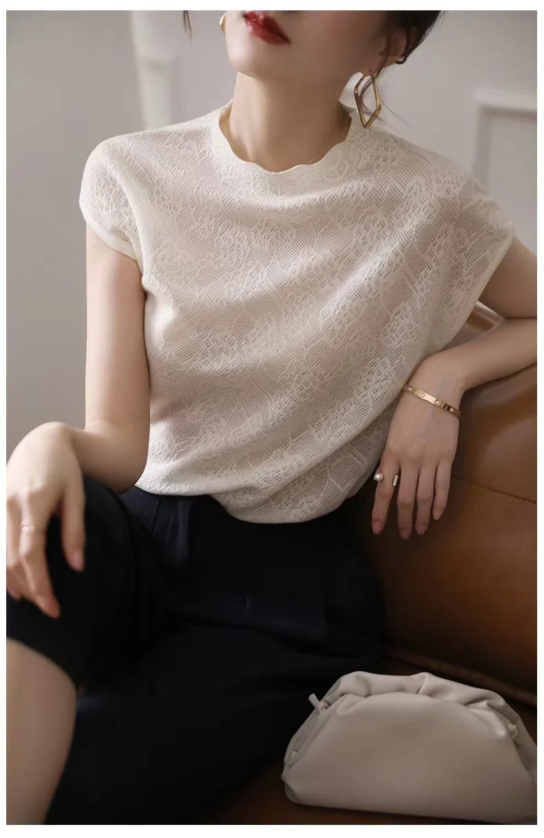 

Lace short sleeve top female French temperament hollowed out jacquard bat sleeve half high neck loose bottoming knit