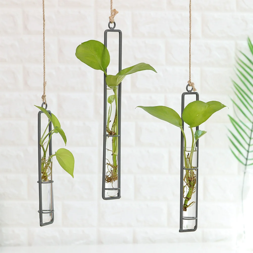 

2Pcs Iron Art Flower Vases Hanging Glass Planters for Home Office Decor Unique Metal Frame Holder with Transparent Durability