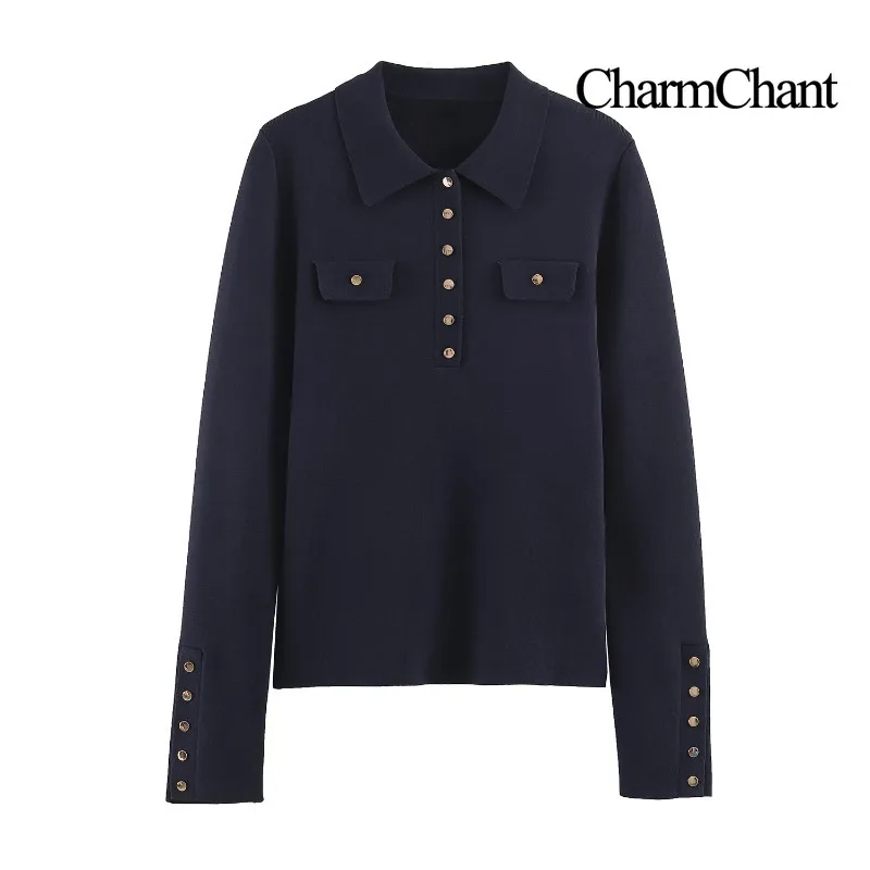 CHARMCHANT Women's Long Sleeve Knit Top Polo Collar Gold Metal Buttons Flap Chest Pockets Buttoned Cuffs Casual Blouse 2026