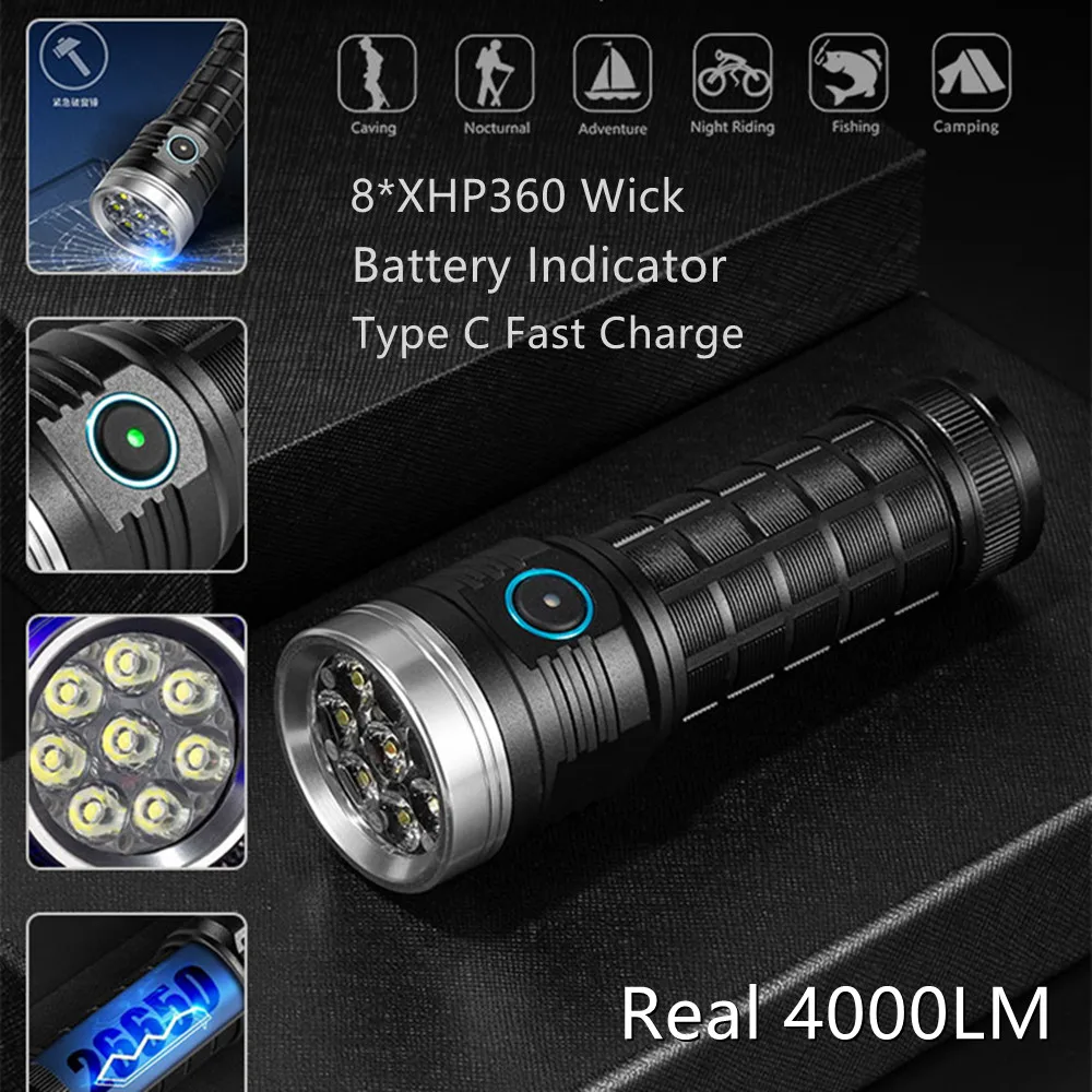 

4000LM Portable 6 /8 LED Mini LED Flashlight IPX6 Waterproof TYPE-C Powerful torchTorch Emergency Camping Fishing Lantern