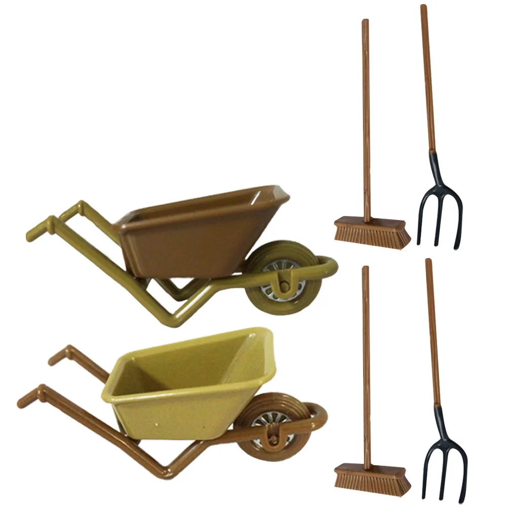 2 Sets Dollhouse Mini Plastic Stroller Miniature Wheelbarrow Tools Wooden Model