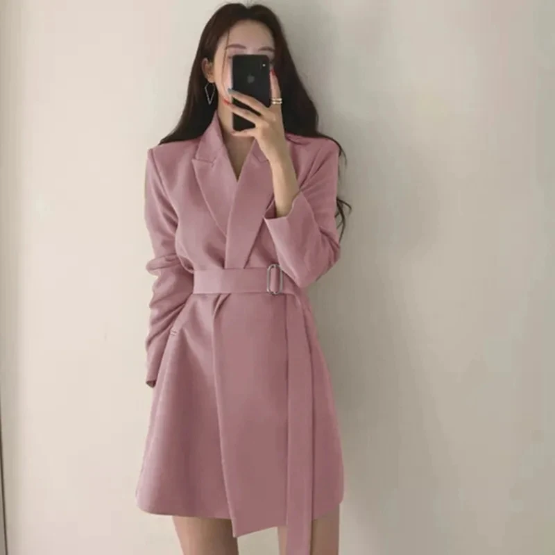 Mid-Length Chic Blazer Jacket Women's Outwear Vintage Belt Korean Style Casual Y2k Blazer Coat 2025 Spring Autumn Blazer Tops