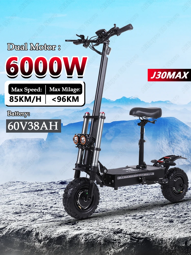 J30MAX Elektroroller für Erwachsene, bis zu 53 MPH, 6000 W Doppelmotor, 60 V 38 Ah Akku, 11-Zoll-All-Terrain-Reifen, hydraulische Bremse, E-Scooter