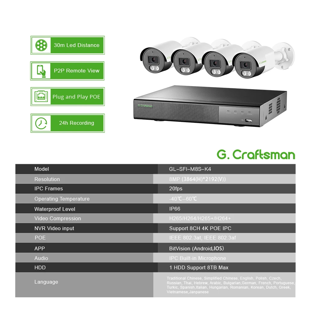 4K 8MP AI POE IP Camera System KIT SONY IMX415 Motion Detection Onvif CCTV Video Surveillance Security G.Craftsman