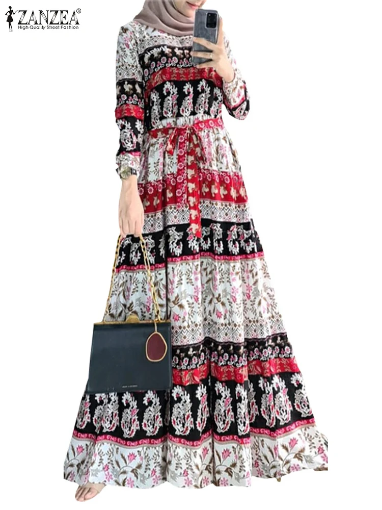 ZANZEA Muslim Fashion Vacation Maxi Dress Women Ethnic Floral Print Long Sleeve Abaya Vestidos Casual Loose Islamic Long Robes