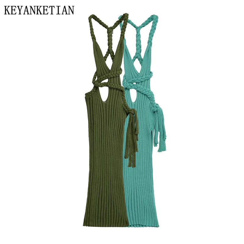 

KEYANKETIAN, новинка лета 2025, INS, женское вязаное платье с открытой спиной, пляжная одежда, праздничные платья-миди с разрезом по бокам и лямкой на шее