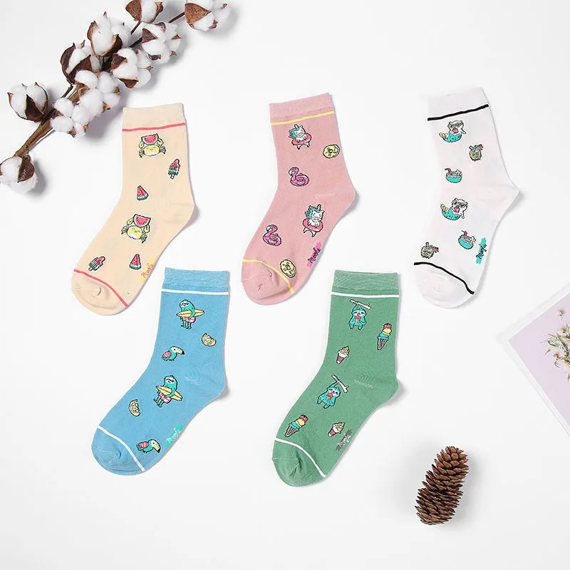 Chaussettes en coton à imprimé animal drôle pour femmes, chaussettes de sport, tube moyen, Kawaii, personnalisé, simple, original, X122