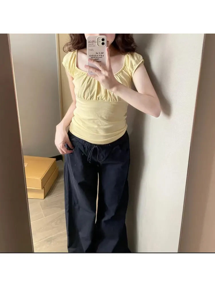 تي شيرت نسائي صيفي قطني برقبة دائرية بأكمام قصيرة مكشكشة بلون أصفر ريترو من براندي بي إم بيور ديزاير ويتينينج #4