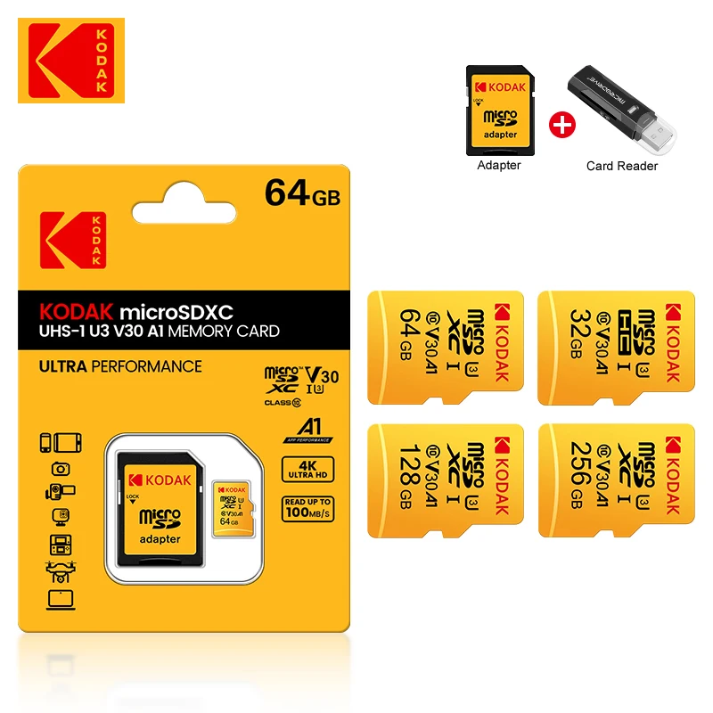 KODAK Micro SD Memory Card 512GB 256GB UP TO 90MB/s Class10 U3 32GB 64GB 128GB TF Card 4K HD For USB Card Reader Adapter Microsd