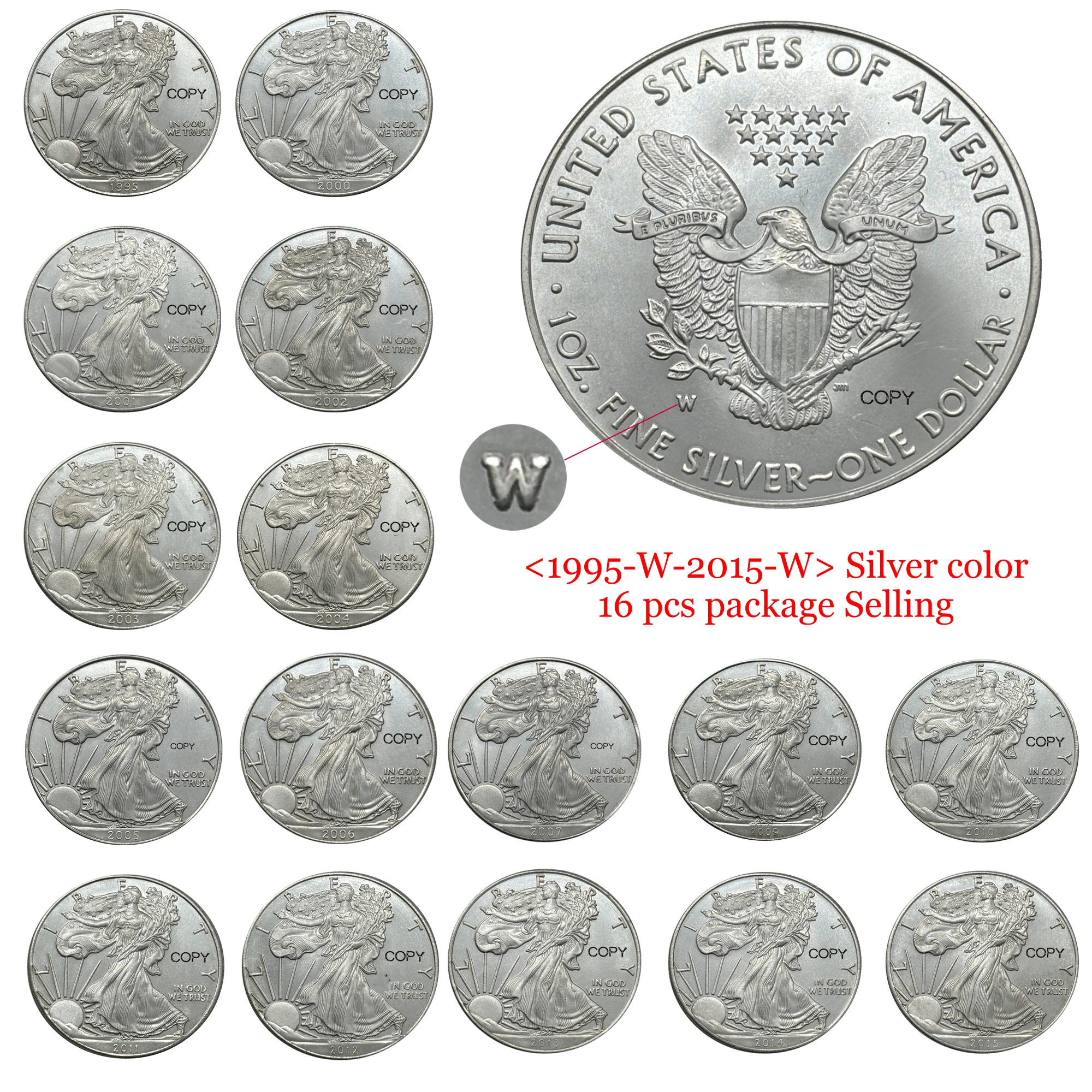 

United States 16 Pcs W Liberty Silver Plated Eagle Bullion 1 One Dollar US Copy Commemorative Coin Ww2 Moneda Collectible Coins