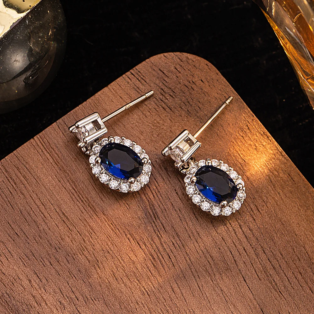 925 Sterling Silver Sapphire Blue Halo Drop Earrings, Oval CZ Gemstone Dangle Earrings, Elegant Jewelry Gift for Women