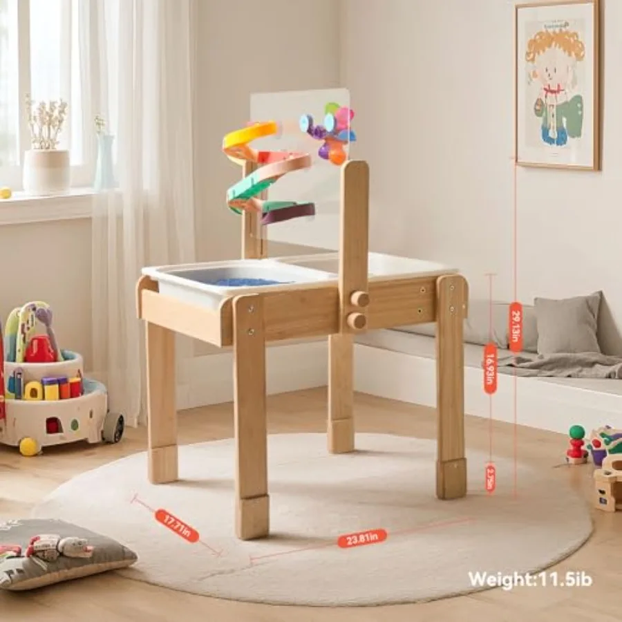 Mesa de arena y agua para niños pequeños, mesa de actividades sensoriales de madera 4 en 1 para niños con 2 contenedores de almacenamiento, tablero acrílico para pintar, tobogán