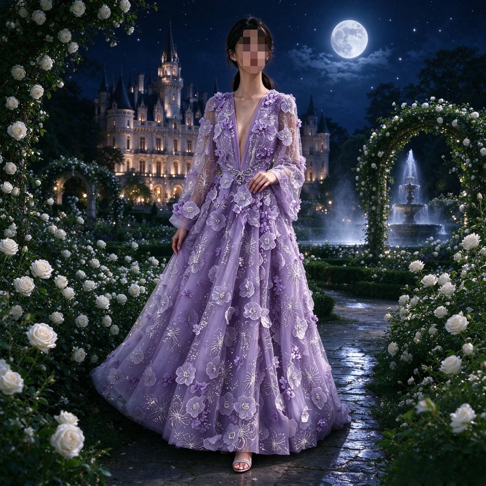 Customized Chiffon 3D Floral Long Sleeved Evening Gown 2026 Gradient Purple V-neck Fashionable Shiny A-line Sequin Dance Dress