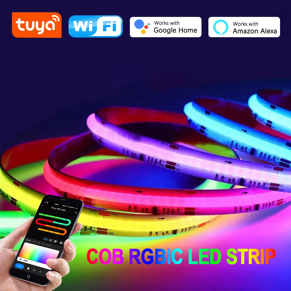 

Светодиодная лента RGBIC COB 720 LED/м, 24В DC, адресная, 1м, 2м, 3м, 4м, 5м, полноцветная, с эффектом бегущих огней, гибкая светодиодная лента-лампа