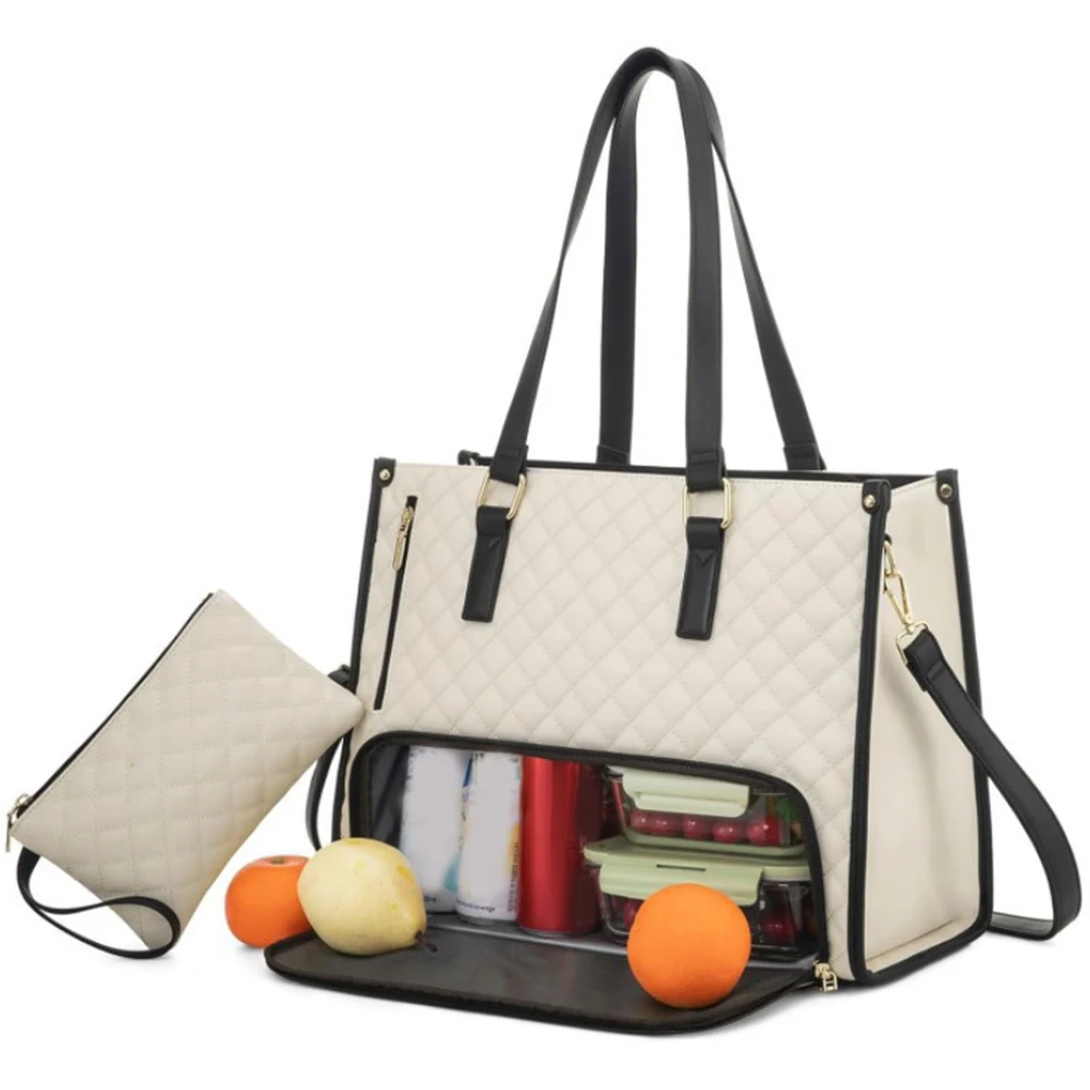 Women 2-in-1 Lunch Bag Multi-Compartment Business Lunch Bag Large Capacity Quilted Handbag with Purse for Outdoor Work