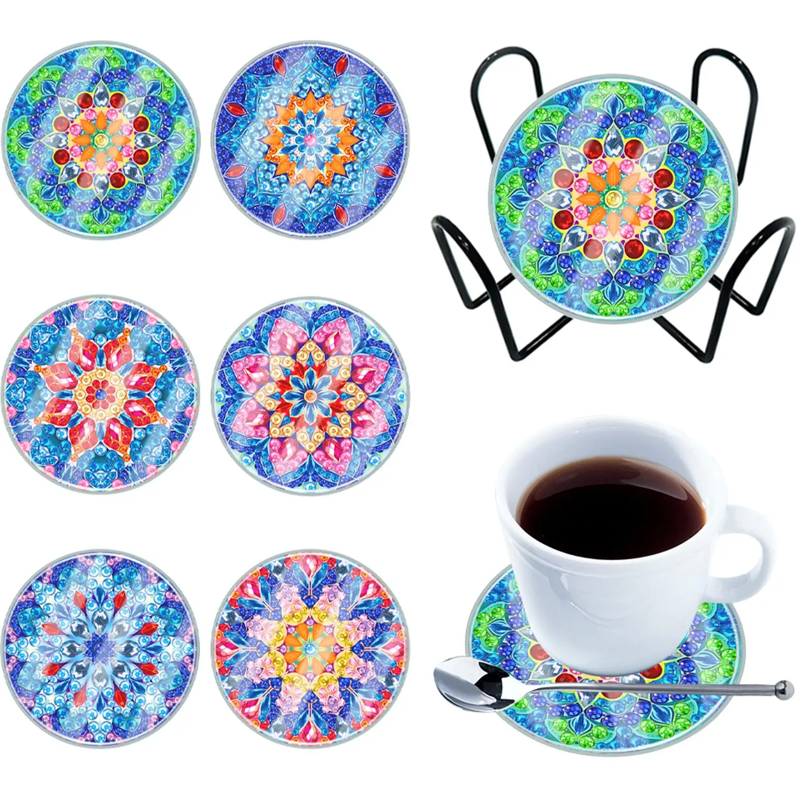 

Набор из 6 акриловых подставок для стаканов с полной алмазной вышивкой в стиле мандалы, моющийся, для взрослых, для начинающих, подарочный набор