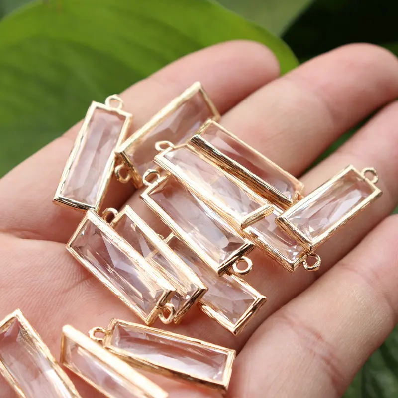 

20pcs KC Gold Plated Faceted 9x23mm Transparent Quality Clear White Glass Rectangle Pendant Charms DIY Chain Necklace Making