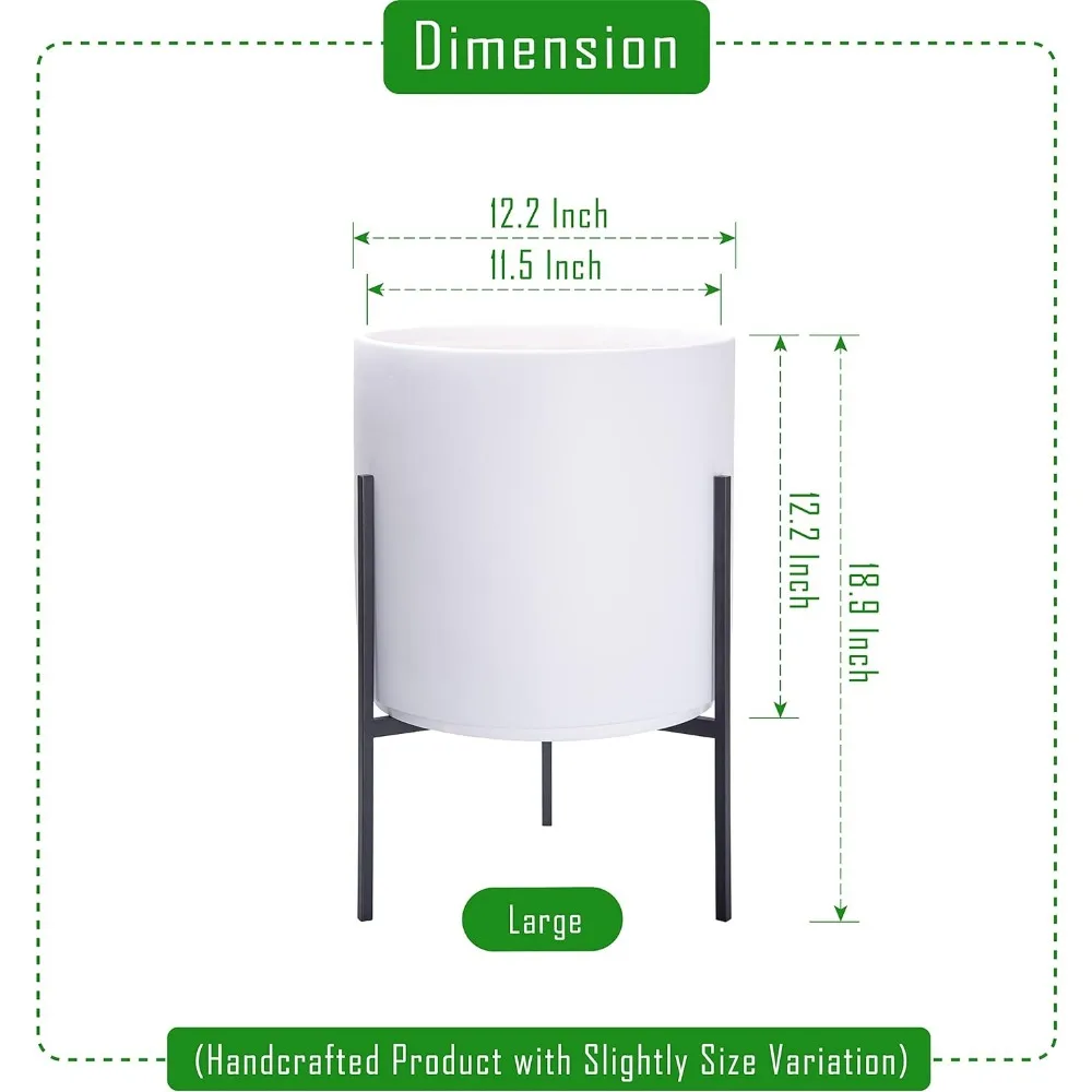 Large 12 Inch Pot, 18.9 Inch with Stand Height, 96-T-1-L, Modern White Plants Pot Cylinder Planter with Heavy Duty Stand