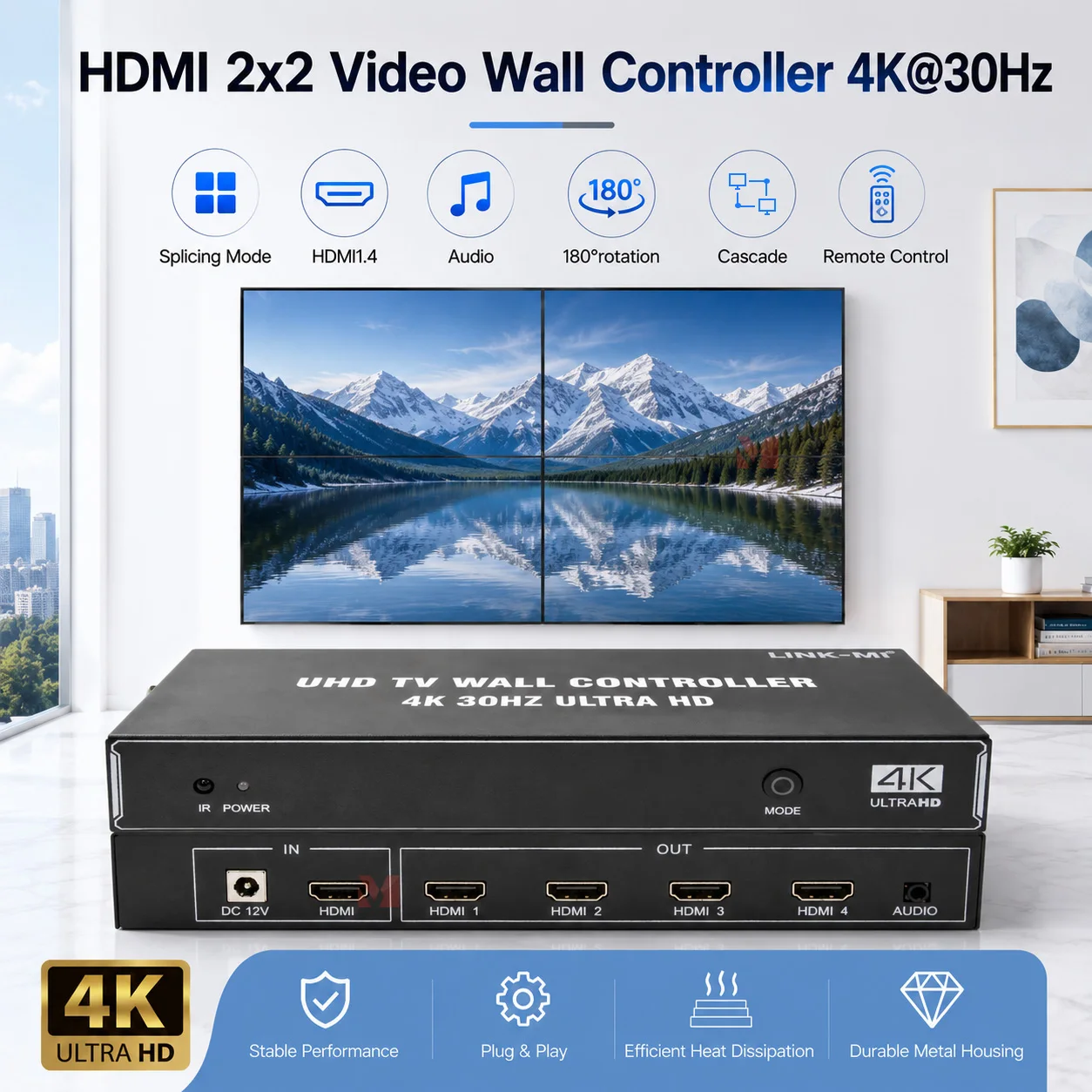 

4K@30HZ Video Wall Controller 2X2 HDM Splicing Box for 4 TVs One Key Setting With Remote 180 rotation 1X4 TV Wall Processor