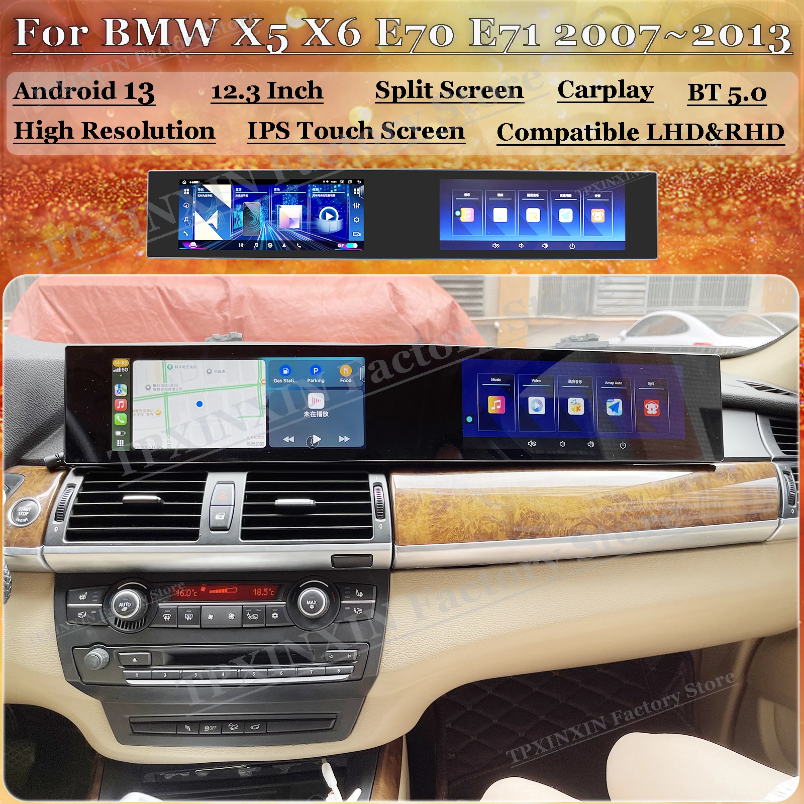 

Двойной 12,3-дюймовый экран для BMW X5 X6 E70 E71 2007~2013, Android 13, автомобильная мультимедийная система, GPS-навигация, автомагнитола, стерео-ресивер, головное устройство