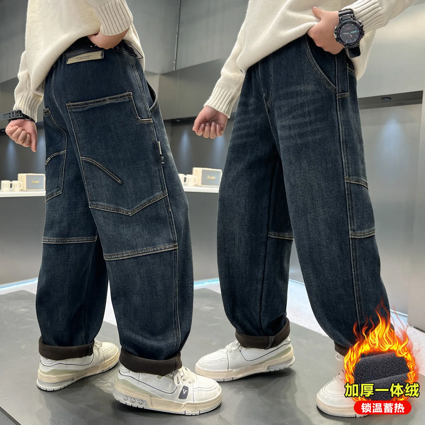 

Boys Fleece Denim Pants with Back Pocket Teenager Boys Handsome Autumn Winter Warm Boys Thick Straight Leg Baggy Wide-leg Pants