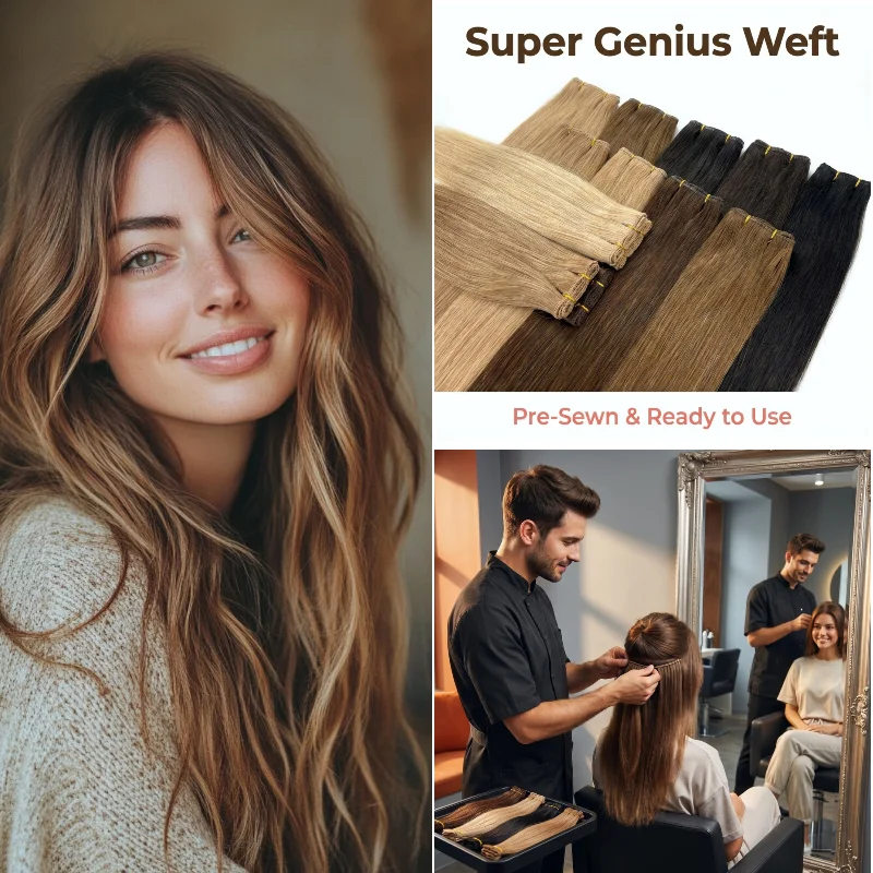 

100% Human Virgin Hair Super Genius Weft 20inch 100g #1B #2 Pre Stitched Hair Weft High Density & Volume Boost For Salon