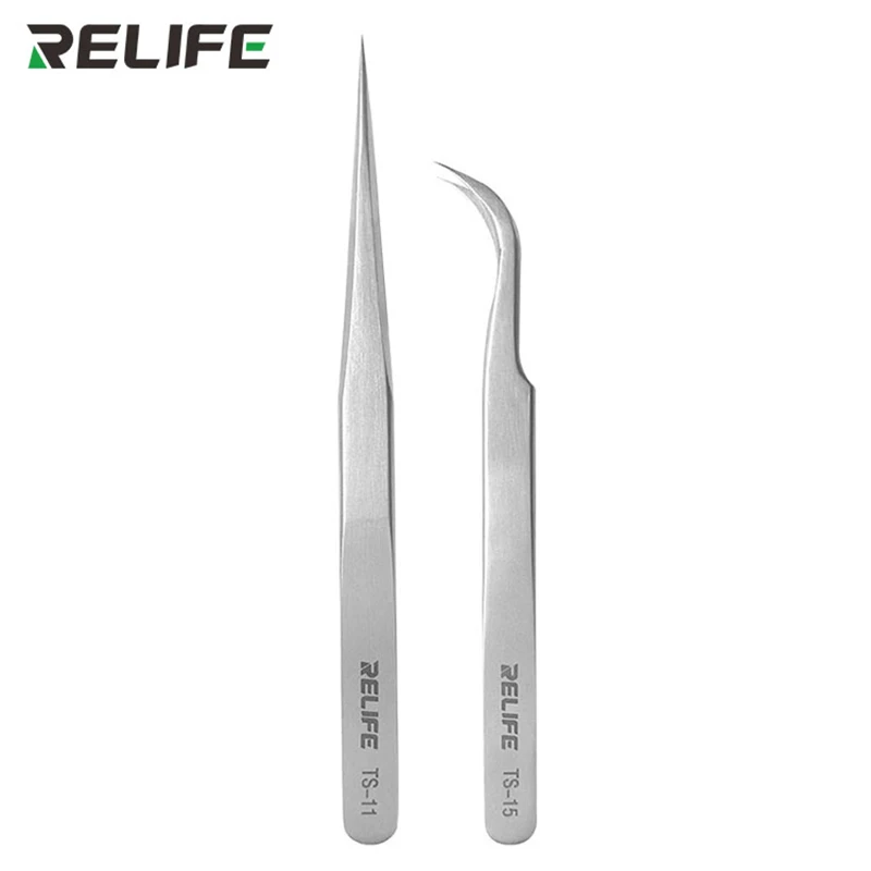 RELIFE TS-11/15 Precision Tweezers Stainless Steel Straight Curved Tip Tweezers for Smartphone CPU IC Repair Clips Hand Tools