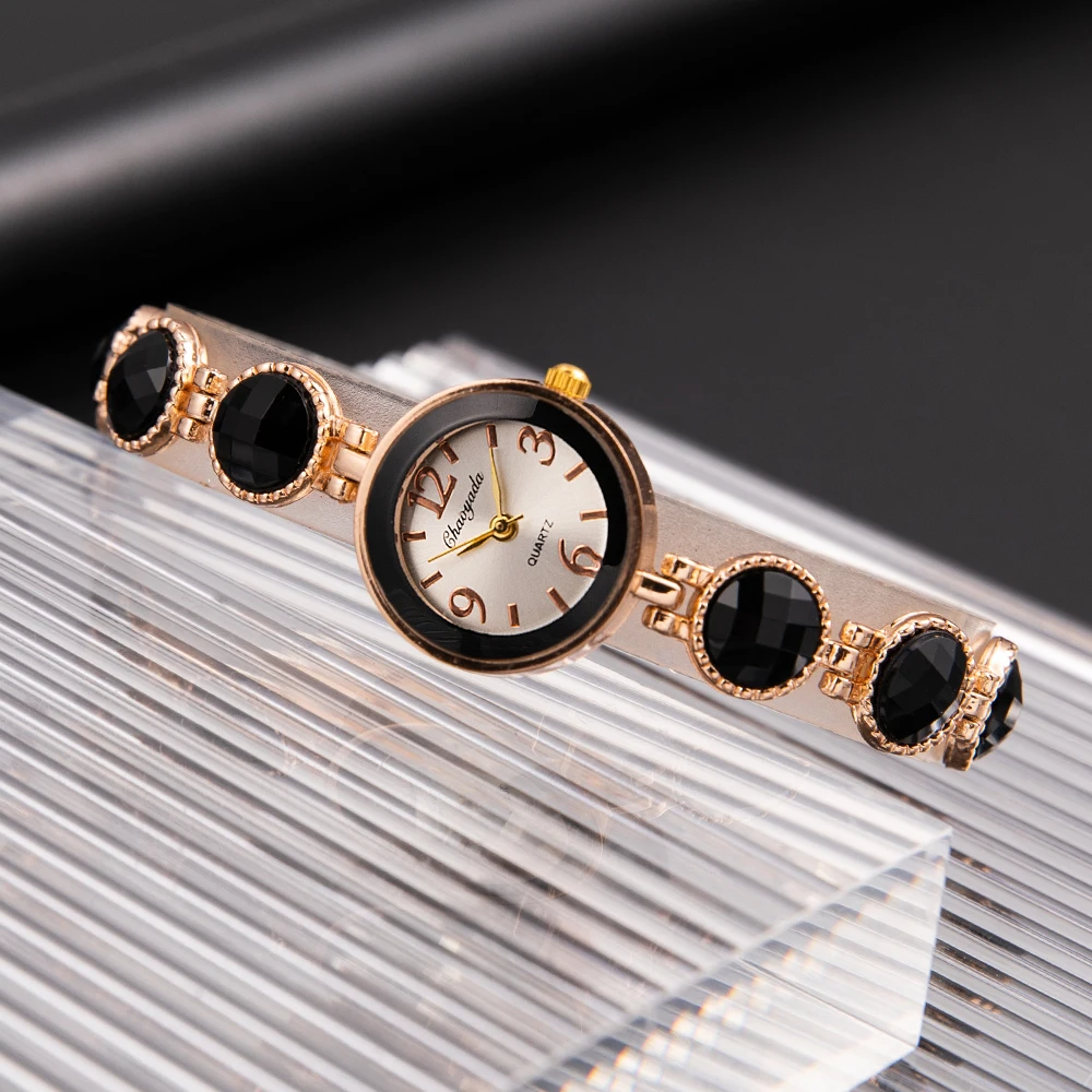 Creative Black Gemstone Women Watch Luxury Gold Metal Bracelet Watches Ladies Fashion Casual Wristwatch Female Clock reloj mujer