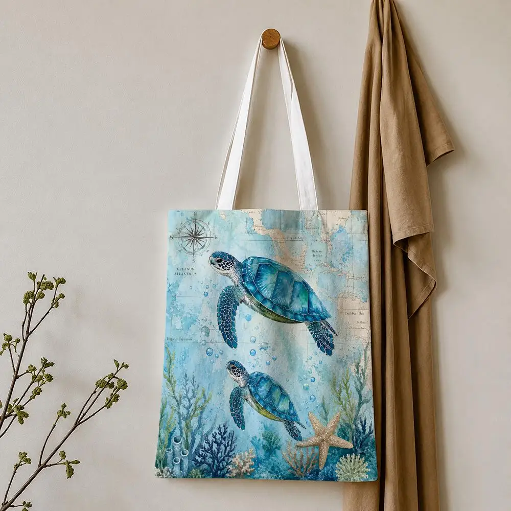 Vintage Nautical Sea Turtle Storage Bags Tote Bag Reusable Shoulder Shopping Foldable For School Work Travel Daily Use