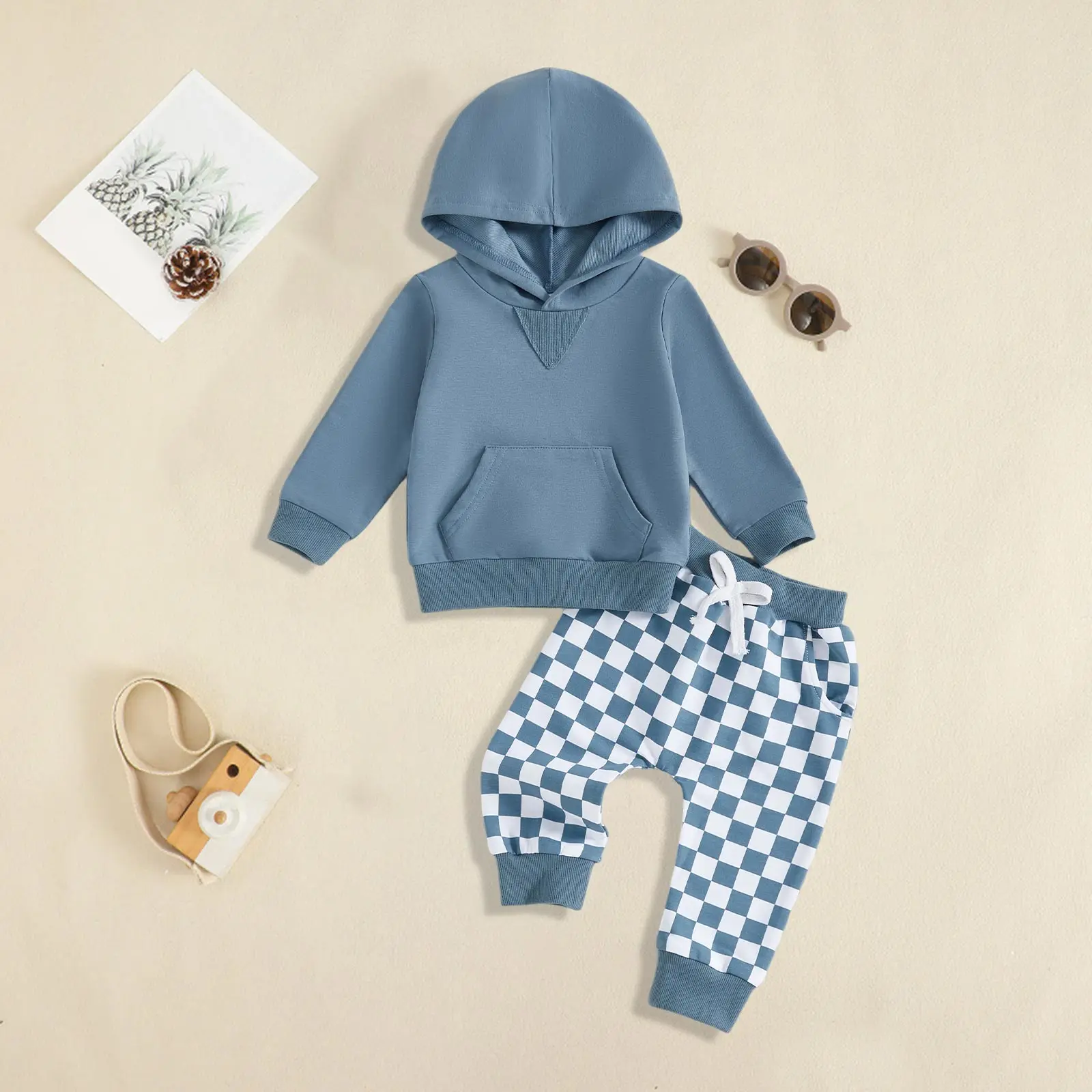 

Clothes for Boys 6-7 Years Boys Long Sleeved Hooded Solid Color Top Checkered Pants Casual Two Piece Set 9 12 Boy Summer Clothes