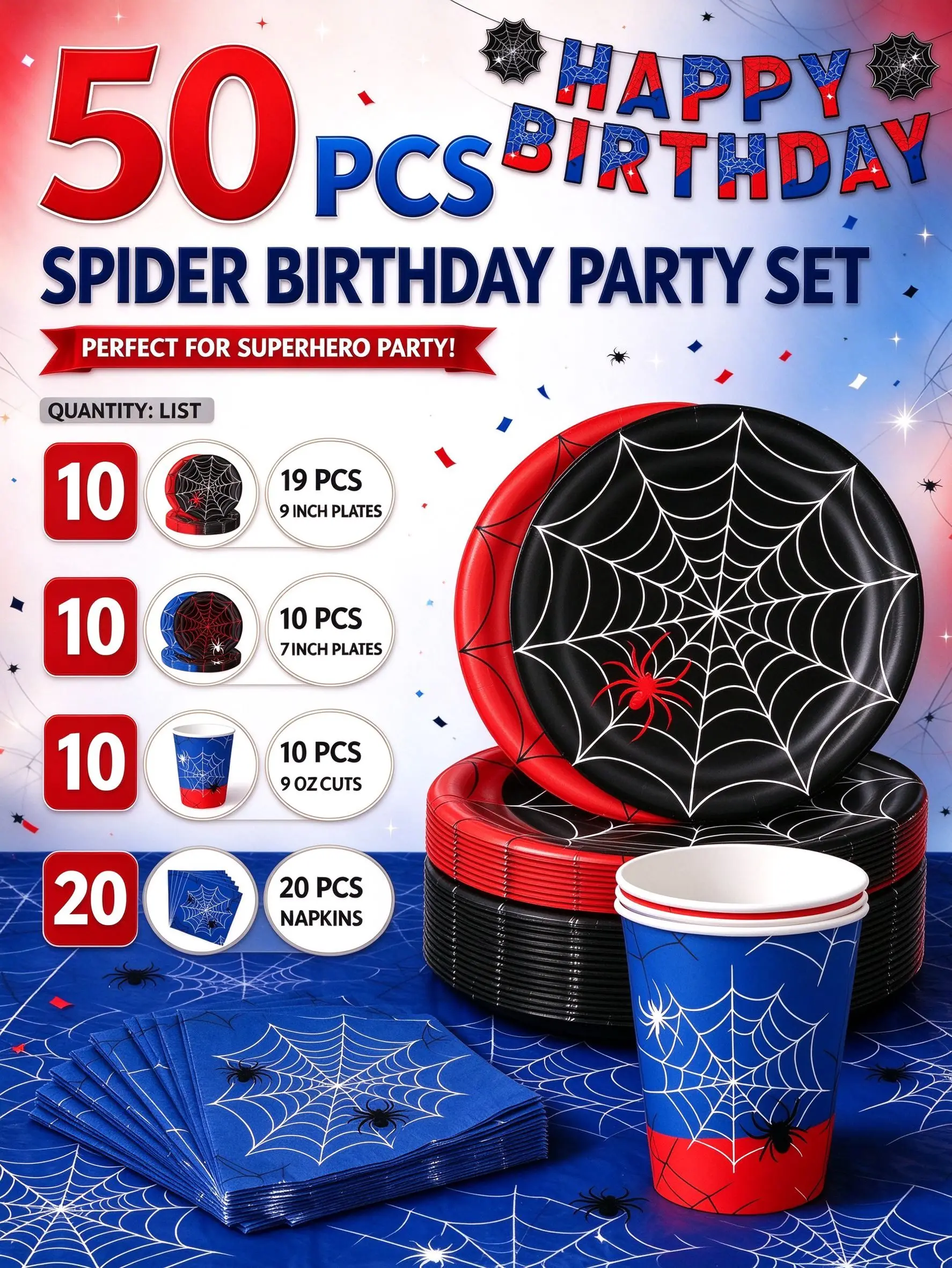 EN:10/40/50/60/80Pcs Spider Web Disposable Tableware Set, Serves 10/20 Guests, Plates Cups Napkins, Kids Birthday Supplies