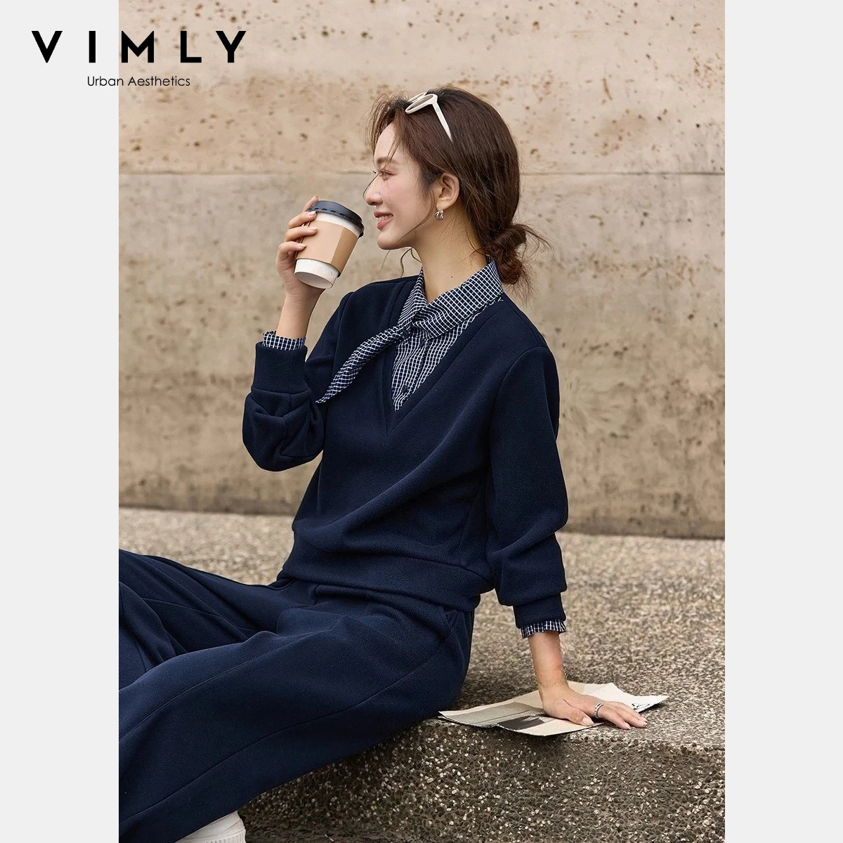 

VIMLY повседневные женские спортивные костюмы из 2 предметов 2025 на флисовой подкладке в клетку с воротником из ленты, топ, широкие брюки, женский зимний костюм A3287